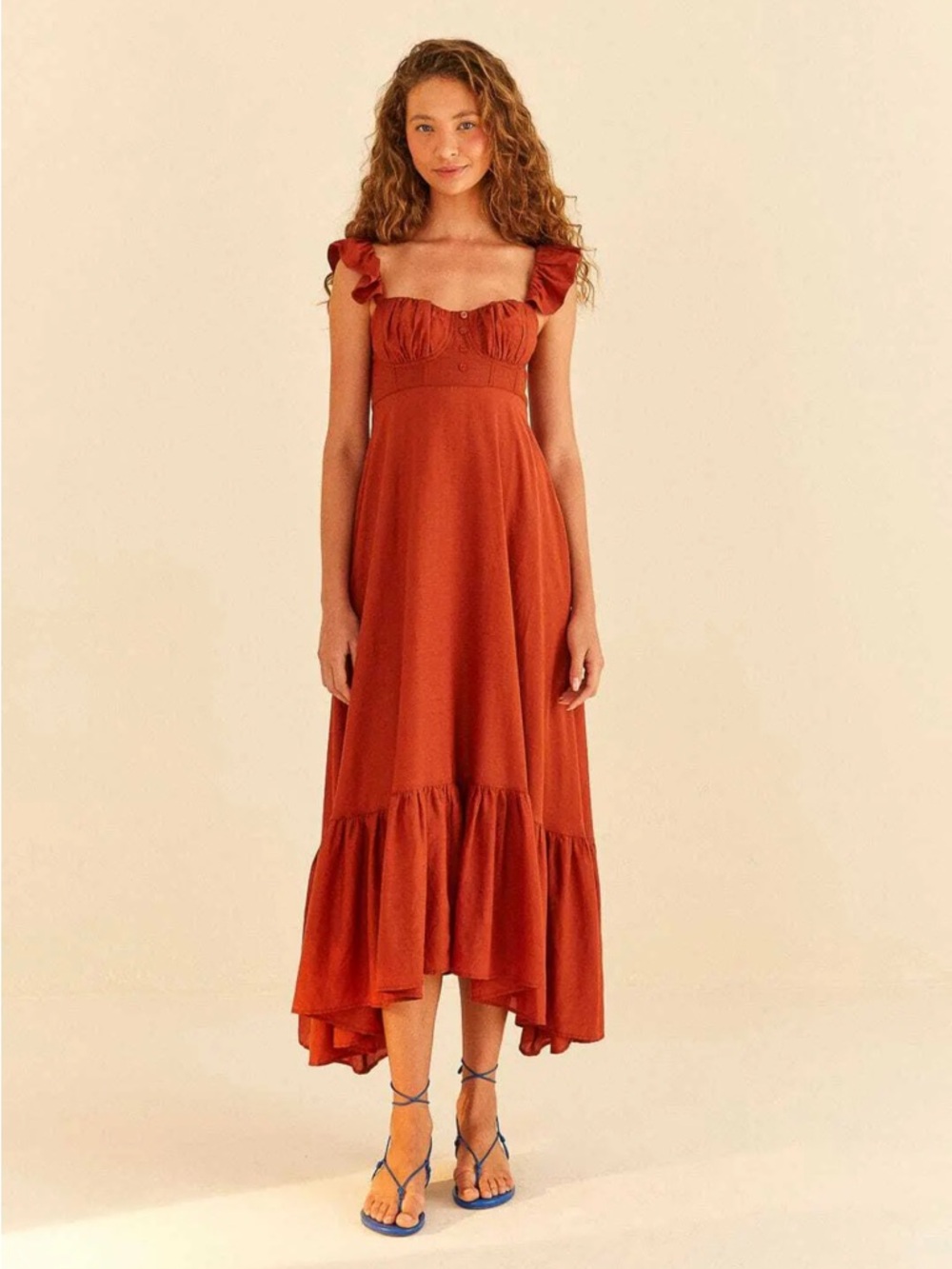 Farm Rio Ruffle-Sleeve Rust Midi Dress - Picture 2 of 14